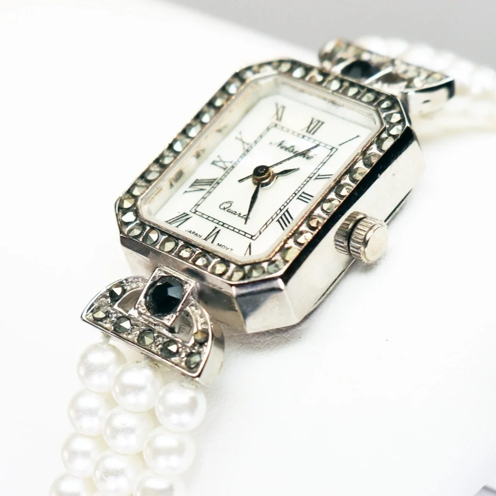 Elegant Vintage Netsuke Pearl & Marcasite Watch